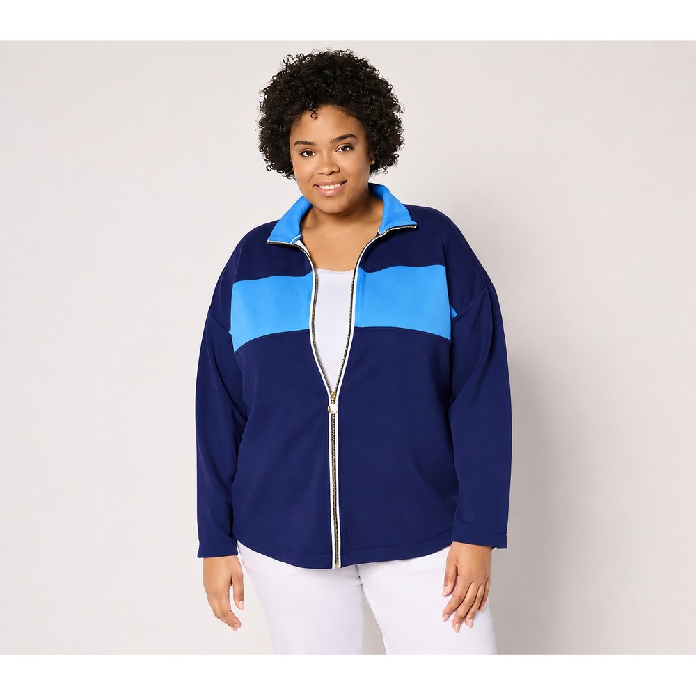 Isaac Mizrahi Live! Clubhouse Color -Block Scuba Knit Jacket royal knit Navy, 1X